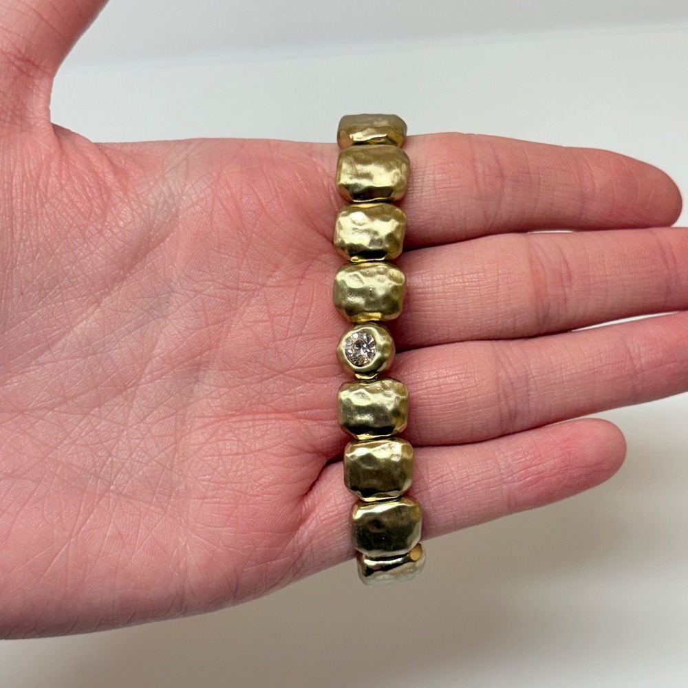 Hammered Gold Tone Stretch Bracelet with Crystal Accent Textured Square Beads